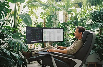 projektant ogrodow projektuje w zielonym otoczeniu biura hed