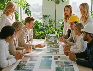 projektant rozklada projekt i wszyscy go ogladaja kurs hed 2