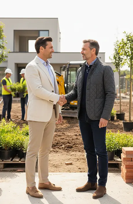 projektant sciska reke klientowi na budowie ogrodu kurs hed